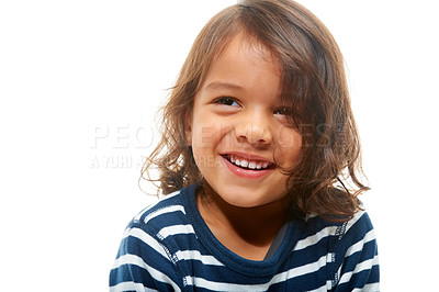 Buy stock photo Boy, child and smile of a happy kid feeling happy and calm with isolated white background. Happiness, young and young person smiling with youth, positive and cute feeling with mock up space 