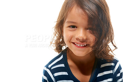 Buy stock photo Child, portrait and smile of a boy child with isolated white background in studio with mockup. Happiness, face and youth of a young toddler happy with mock up space looking positive and cheerful
