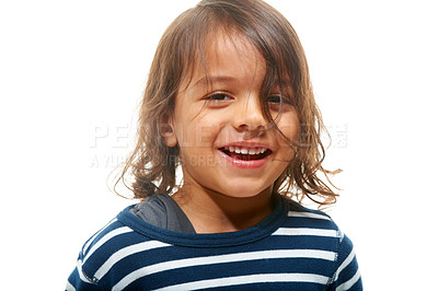 Buy stock photo Portrait, children and mockup with a boy kid in studio isolated on a white background for marketing. Kids, happy and smile with a male child on blank mock up space for advertising or branding