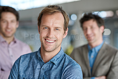 Buy stock photo Businessman, happy and portrait in office for company, collaboration and startup business. Photographer, men and pride in workplace for project management, leadership and smile in creative agency