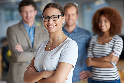 Buy stock photo Business people, portrait and arms crossed with leadership confidence for collaboration, professional or creative team. Men, woman and face at interior design agency for about us, clients or teamwork