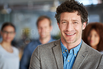 Buy stock photo Portrait, leader and happy business man in office for career, job and coworking with team in startup company. Face, manager and confident professional entrepreneur, salesman and employee at workplace