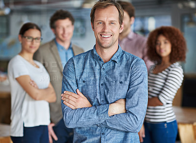 Buy stock photo Happy, businessman and portrait with crossed arms for company, collaboration and startup business. Photographer, team and diversity in workplace for project management, leadership and smile in office