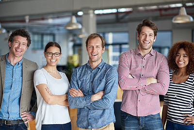 Buy stock photo Businesspeople, office and pose with team in portrait for startup or advertisement of company. Smile, collaboration and alliance with unity or partnership with pride, ambition and arms crossed.