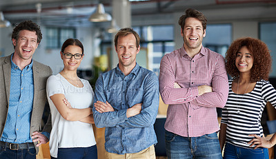Buy stock photo Diverse group of professionals standing confidently in a row