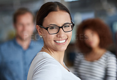 Buy stock photo Portrait, leader and happy business woman in office for creative career, job and coworking with team in startup. Face, manager and confident professional entrepreneur, editor or employee with glasses