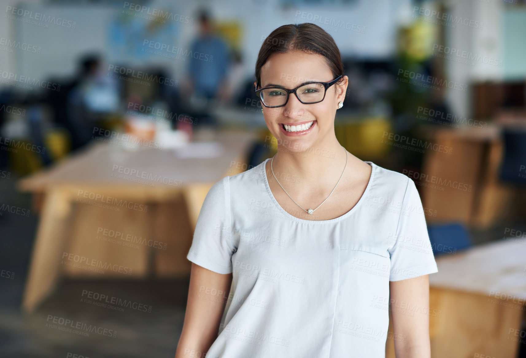 Buy stock photo Portrait, smile and creative business woman in office for career, job and startup company. Face, glasses or happy professional entrepreneur, designer or young employee working at workplace in Germany