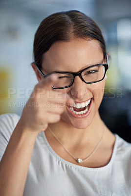 Buy stock photo Young woman pointing at the camera and saying 