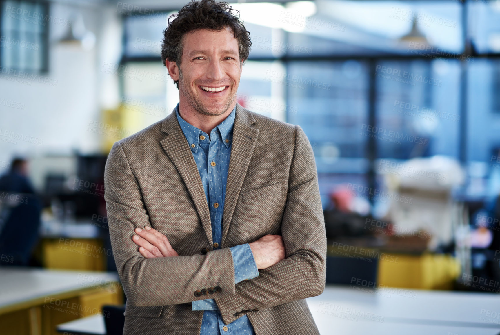 Buy stock photo Portrait, smile and business man with arms crossed in office for career, job and corporate company in Italy. Face, happy and confident professional entrepreneur, salesman and employee in workplace