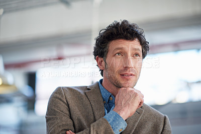 Buy stock photo Thinking, office and serious businessman indoor for planning, ideas and mission or project proposal. Pensive, male person and executive with decision or solution for future growth of company

