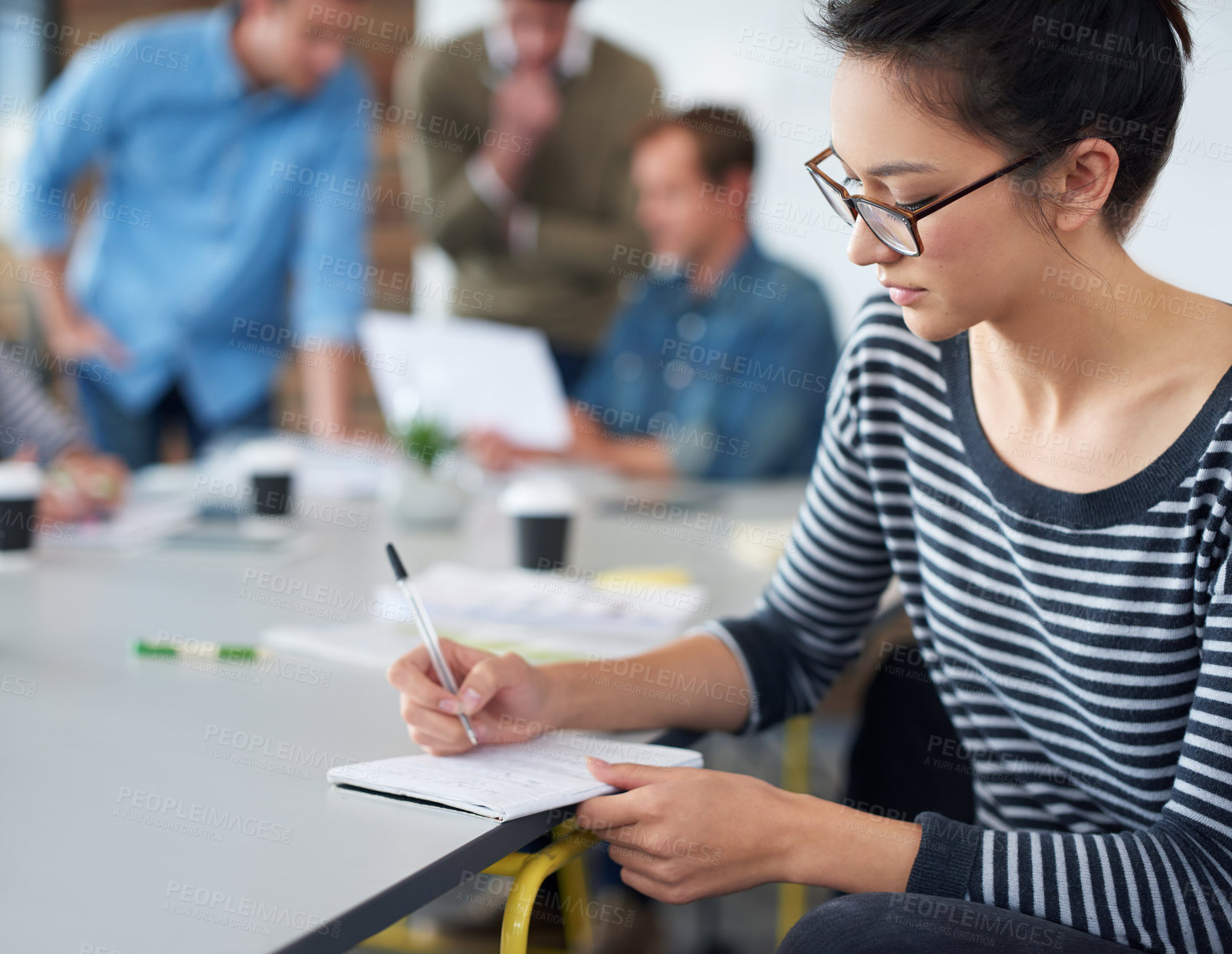 Buy stock photo Admin, woman and writing in notebook for business meeting teamwork and strategy or development in office. Agenda, secretary and planning for startup company in conference room with collaboration