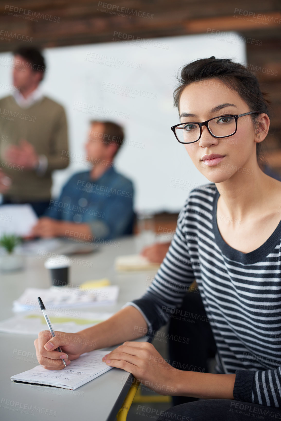 Buy stock photo Portrait, confident and woman in office for creative project, meeting and workshop with team. Modern workplace, female worker and planning for career, taking notes and teamwork with notebook