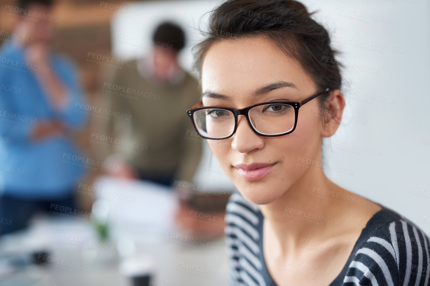 Buy stock photo Business woman, smile and portrait in startup company workplace, boardroom and creative project. Entrepreneur, staff planning and worker with face of happy employee, confidence and ready meeting