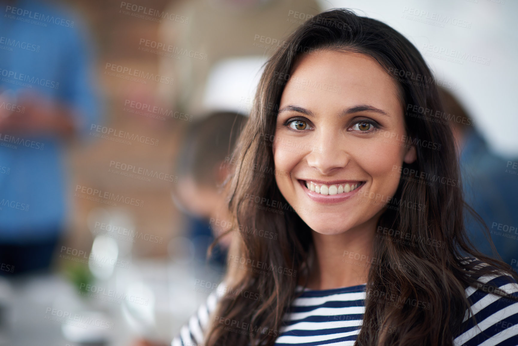 Buy stock photo Portrait, woman and smile in office for creative project, meeting and workshop with team. Modern workplace, female worker and designer for career, positive and content creator with happiness