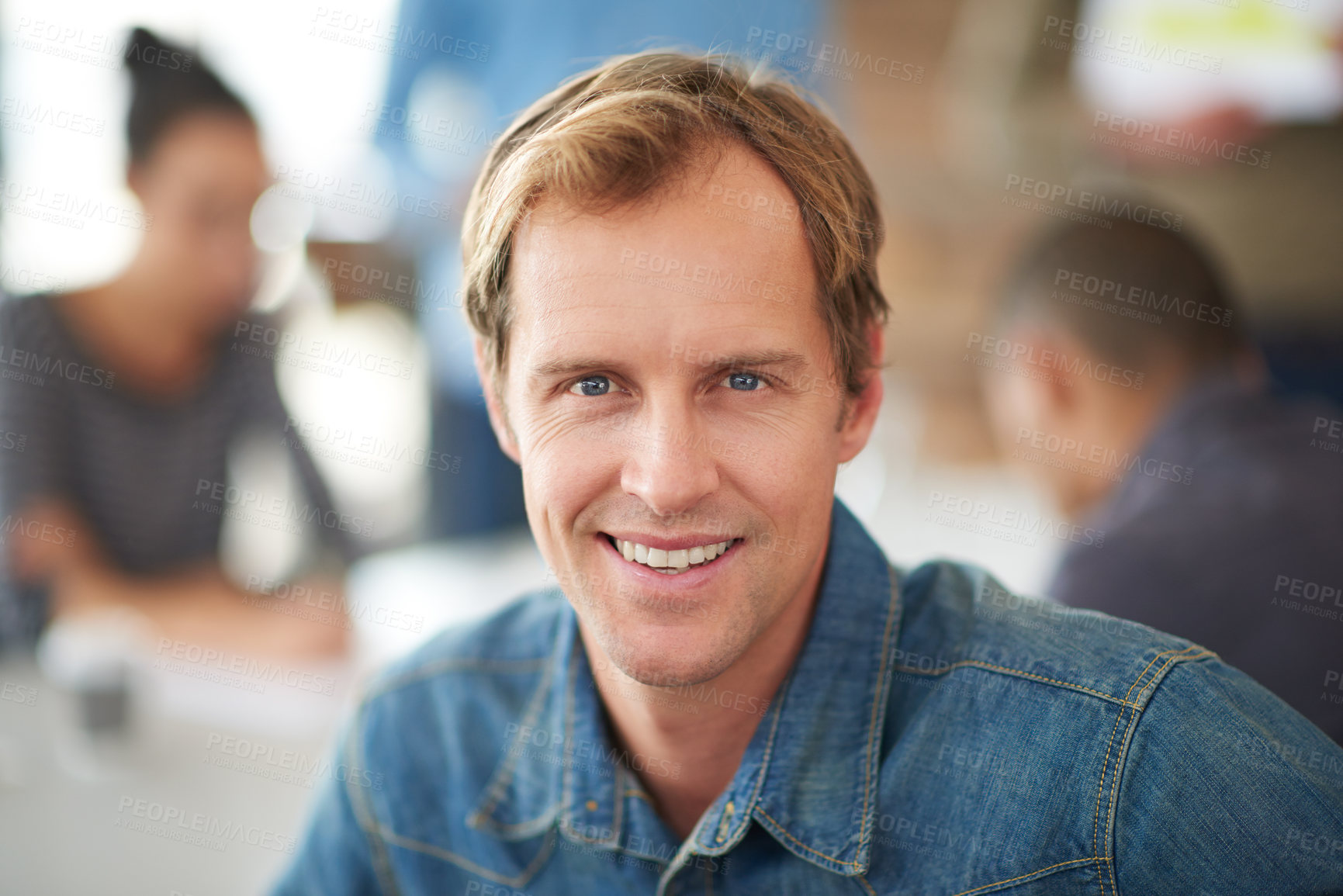 Buy stock photo Happy man, portrait and creative with confidence in meeting for ambition, positivity or startup at office. Face of young male person, designer or employee with smile in happiness, career or teamwork