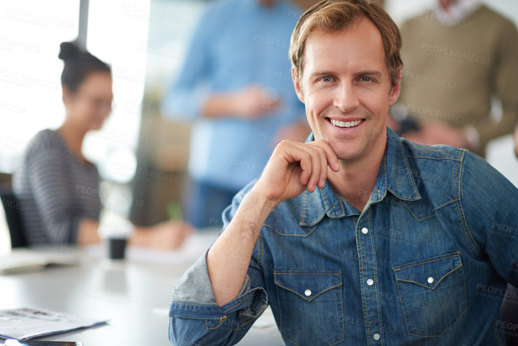 Buy stock photo Office, smile and portrait of man in meeting for company, team building and creative workplace. Happy, businessman and face with pride at agency for collaboration, partnership and project management