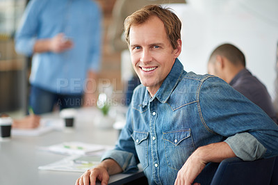 Buy stock photo Happy, office and portrait of businessman in meeting for creative company, teamwork and partnership. Smile, man and face with pride in conference for copywriting, collaboration or project management