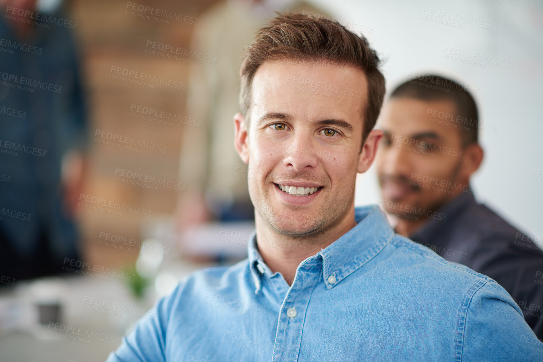 Buy stock photo Work, meeting and portrait of man in office for creative collaboration, copywriting and teamwork. Smile, face and businessman with pride in conference for partnership, proposal and review of project