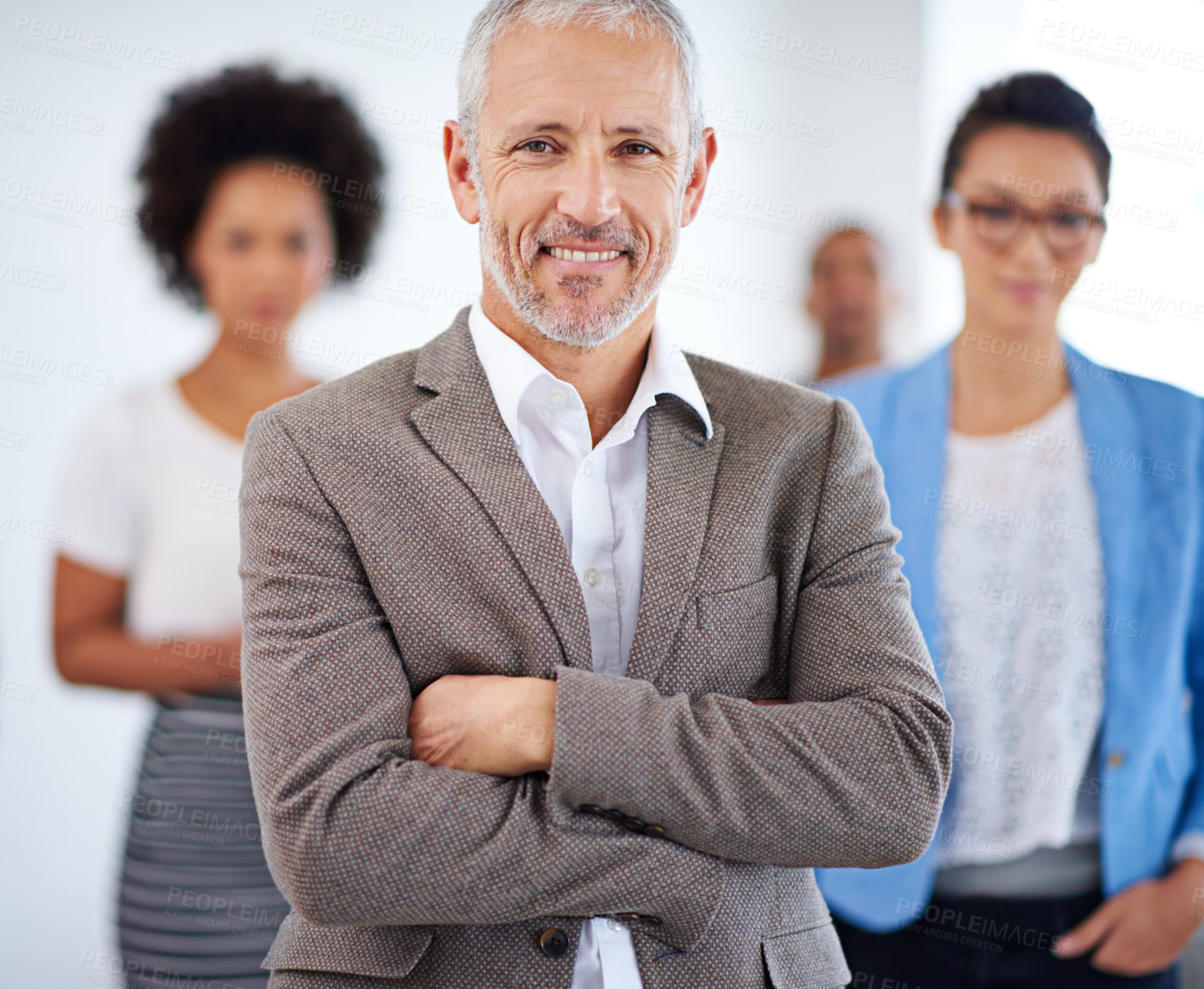 Buy stock photo Mature CEO, businessman and portrait or arms crossed with employees in boardroom for team management. Boss, professional person and happy for financial collaboration, corporate startup and meeting