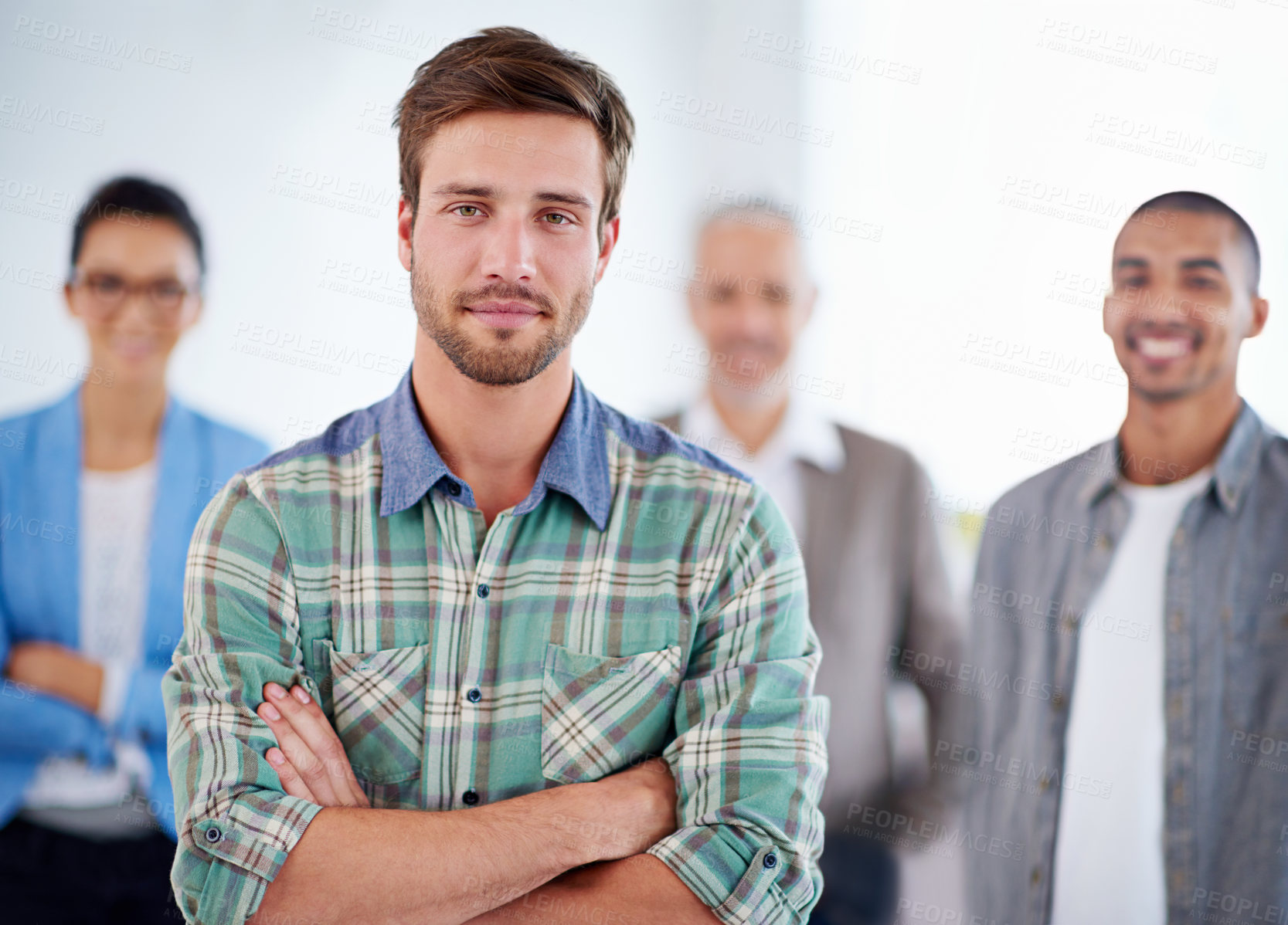 Buy stock photo Business, man and portrait or confidence with arms crossed in boardroom for team management and leadership. Professional, employees and smile for financial collaboration, corporate startup or meeting