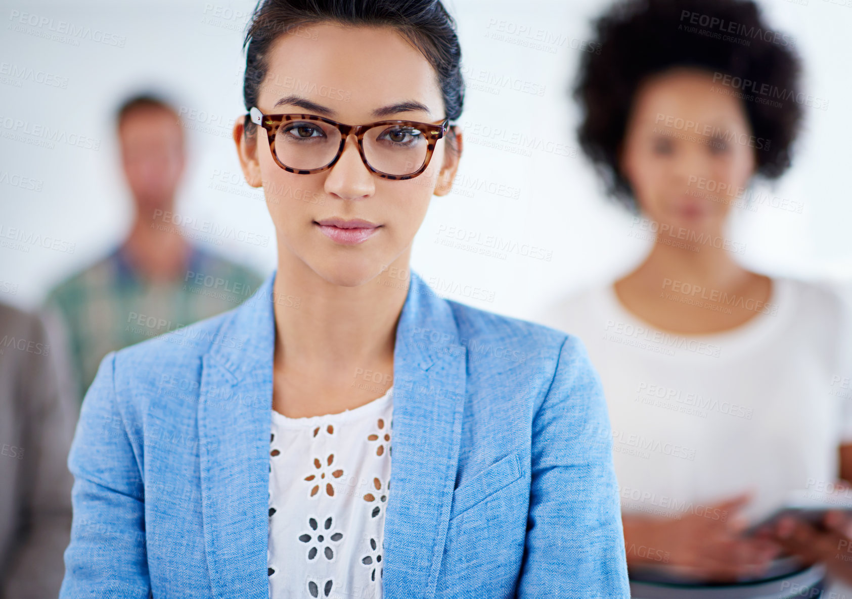 Buy stock photo Serious, portrait and business woman with team in office for collaboration, management or meeting. Pride, confident and female attorney mentor with group of lawyers with legal internship in workplace