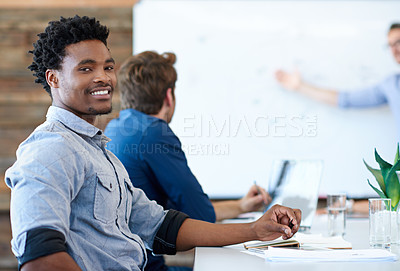 Buy stock photo Business meeting, portrait and happy black man listening to presentation, manager report or leader speech. Confident smile, happiness and corporate people, group or African person working on project