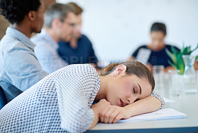 Buy stock photo Business meeting, sleeping problem and woman tired, fatigue or exhausted after overtime, work or project. Dream sleep, insomnia or overworked female analyst with mental health risk, crisis or burnout