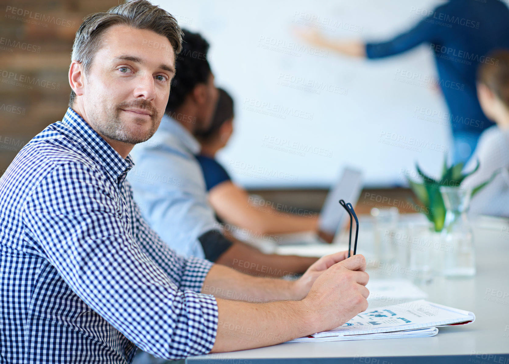 Buy stock photo Project meeting, employee portrait and confident man listen to presentation, report or sales growth plan. Collaboration, career or business people, office person or team work on franchise development