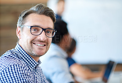 Buy stock photo Face, portrait of a businessman and in a modern conference room of his workplace with a smile. Health wellness or happiness, business meeting and professional male person in a boardroom at his work