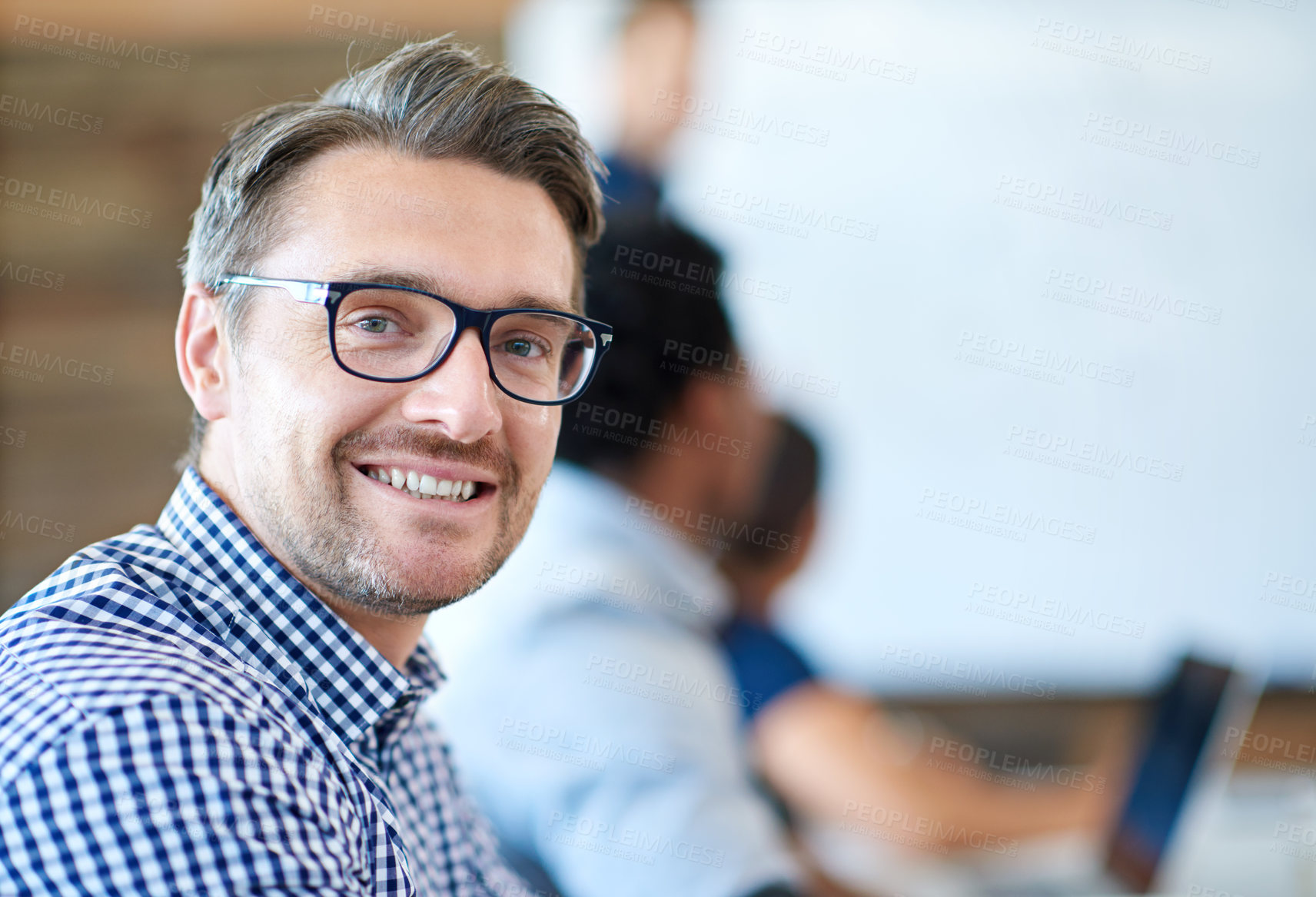 Buy stock photo Face, portrait of a businessman and in a modern conference room of his workplace with a smile. Health wellness or happiness, business meeting and professional male person in a boardroom at his work