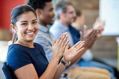 Buy stock photo Audience portrait, group applause and happy woman, business team or staff at presentation, seminar or trade show. Smile, celebrate and row of tradeshow people clapping for speaker, speech or support