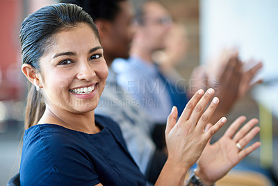 Buy stock photo Face portrait, audience applause and happy woman, business team or crowd at presentation, event or trade show. Community, celebrate or row of people clapping for speaker, speech or support motivation