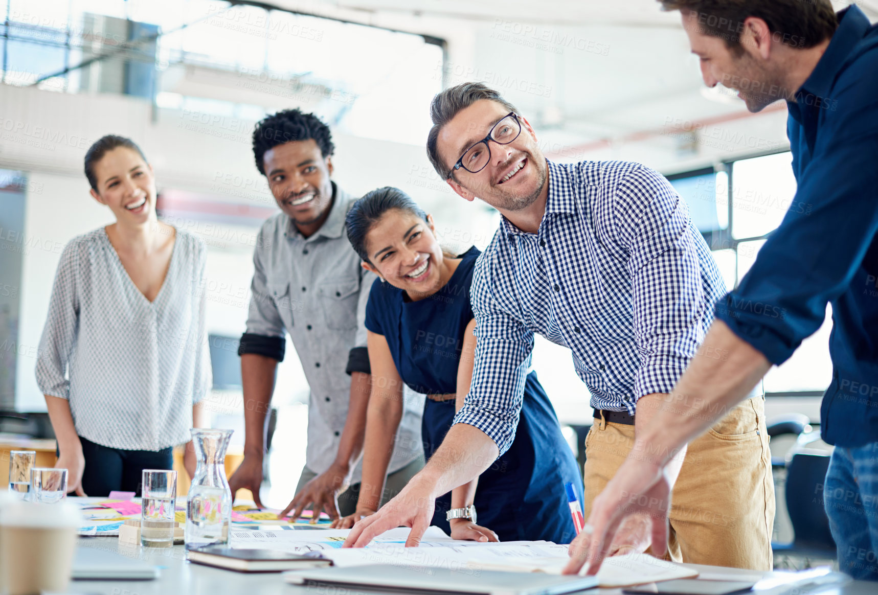 Buy stock photo Group, creative and staff in a meeting, brainstorming and planning with ideas, conversation and teamwork. Male person, leader or happy team with collaboration, partnership and growth with development