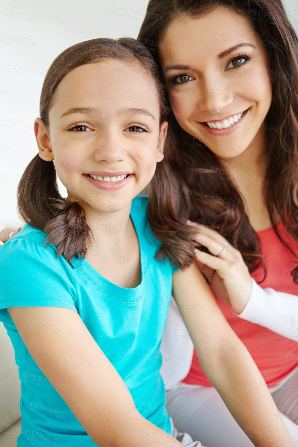 Buy stock photo Woman, child and portrait on sofa at house with affection for bonding, love and security of morning gratitude. Smile, girl and mother relax on weekend, care and support together for childhood growth