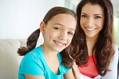 Buy stock photo Portrait, woman and child relax on sofa at house for mother for bonding, love and security of morning gratitude. Smile, family and care on weekend break, support together and childhood development