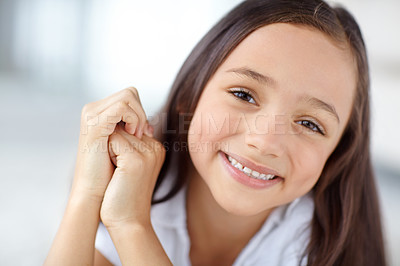 Buy stock photo A portrait of a smiling pretty girl