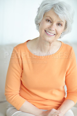 Buy stock photo Senior woman, portrait and peace in home, lounge satisfaction and couch for rest in retirement. Female person, elderly lady and relax on sofa in apartment, happy and confidence or pride in house