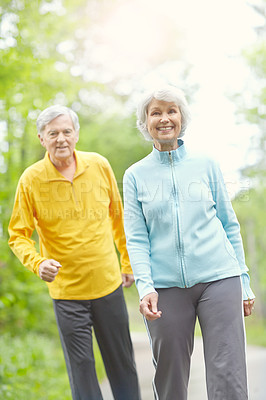 Buy stock photo Senior couple, happy and portrait for fitness, wellness or walking in nature or bonding together. Elderly people, smile and exercise in retirement for health, workout or training as pensioner in park