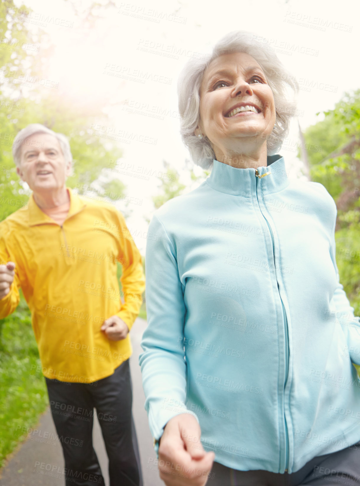 Buy stock photo Senior couple, smile and outdoor for training, wellness and running in nature or bonding together. Elderly people, happy and exercise in retirement for health, workout or fitness as pensioner in park