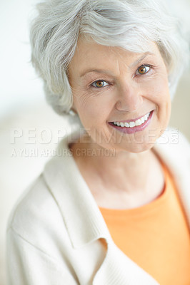 Buy stock photo Portrait, senior woman and relax on couch in home living room with grandma, smile and and retirement break. Happy, elderly person and weekend for rest, confidence and house lounge for memory on sofa