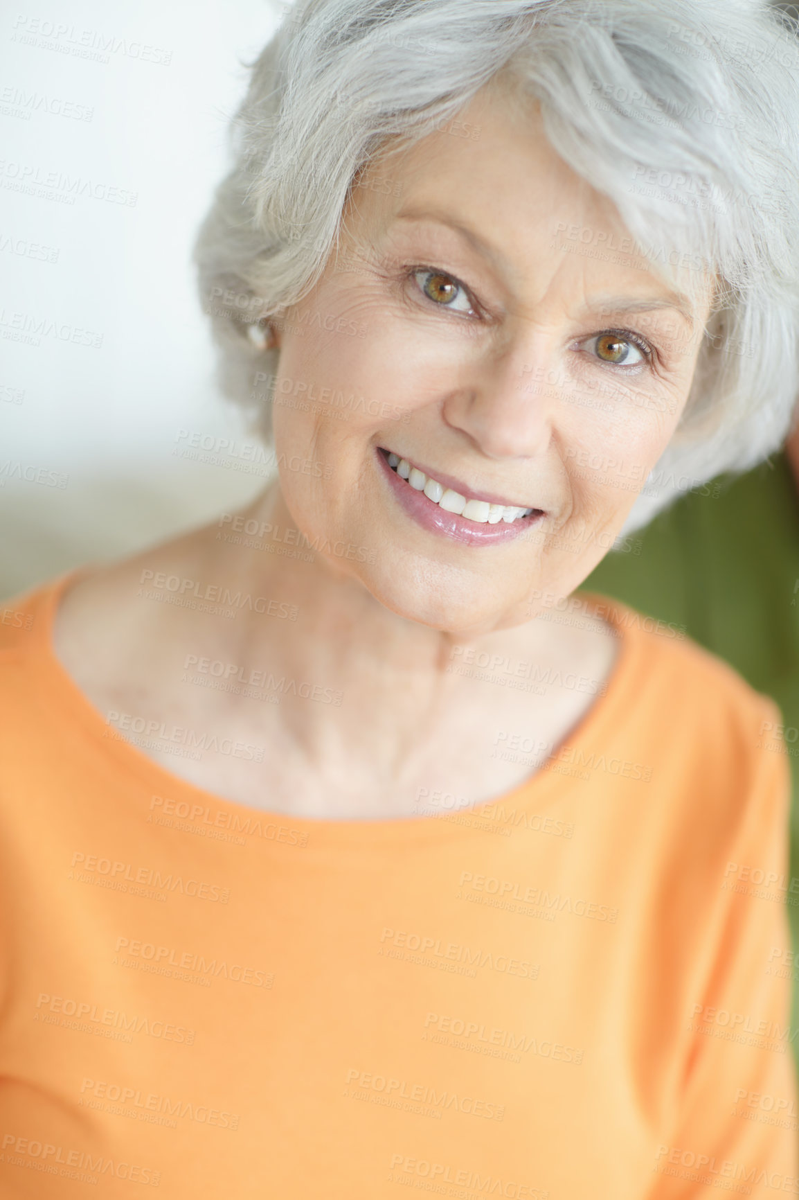 Buy stock photo Senior woman, portrait and relax in home for retirement, good health and weekend with rest on break. Elderly female, smile and healthy person on pension for positive mood, comfort or happy with peace