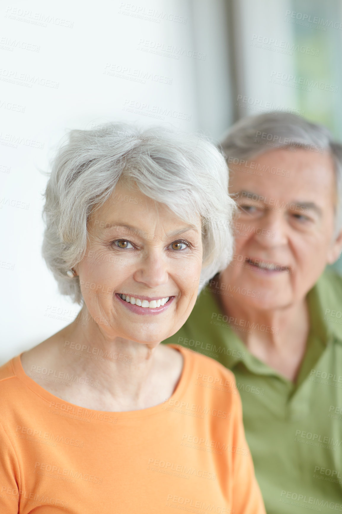 Buy stock photo Relaxing, portrait and elderly couple in home with smile for romantic connection on weekend together. Senior man, woman and relax with love in commitment for retirement support, marriage and bonding