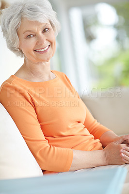 Buy stock photo Happy, senior woman and relax on sofa in home living room with grandma, smile and and retirement break. Portrait, elderly person and weekend for rest, confidence and house lounge for memory on couch