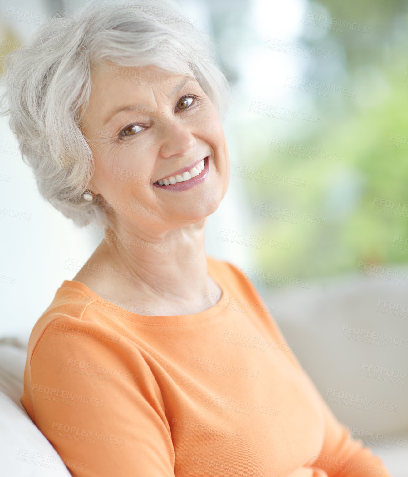 Buy stock photo Happy, elderly woman and relax on sofa in home living room with grandma, smile and and retirement break. Portrait, senior person and weekend for rest, confidence and house lounge for memory on couch