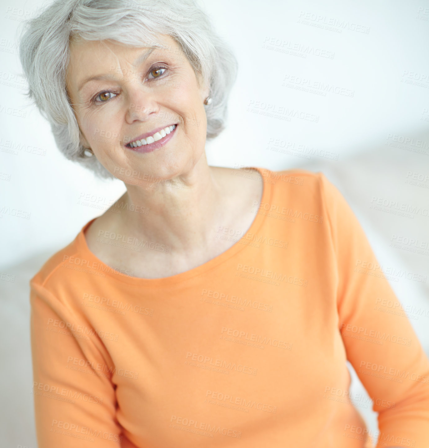 Buy stock photo Happy, elderly woman and relax on couch in home living room with grandma, smile and and retirement break. Portrait, senior person and weekend for rest, confidence and house lounge for memory on sofa