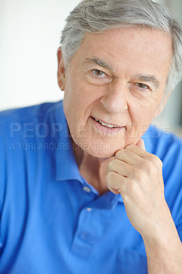 Buy stock photo Elderly man, portrait and relax in home living room for retirement, good health and weekend with break. Senior male, smile and healthy person on pension for positive mood, comfort and peace on sofa