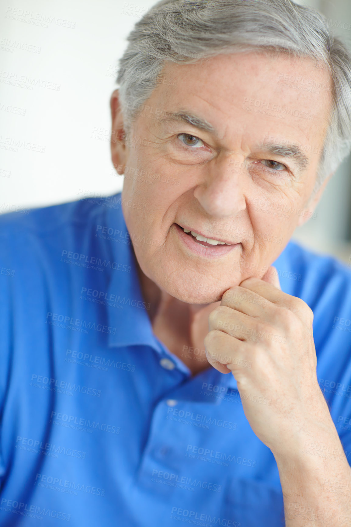 Buy stock photo Elderly man, portrait and relax in home living room for retirement, good health and weekend with break. Senior male, smile and healthy person on pension for positive mood, comfort and peace on sofa