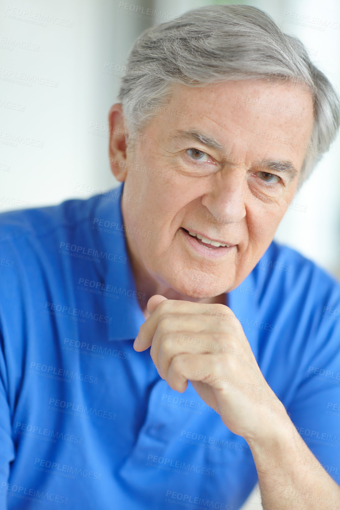 Buy stock photo Elderly man, portrait and happy in home living room for retirement, good health and weekend with break. Senior male, relax and healthy person on pension for positive mood, comfort and peace on sofa