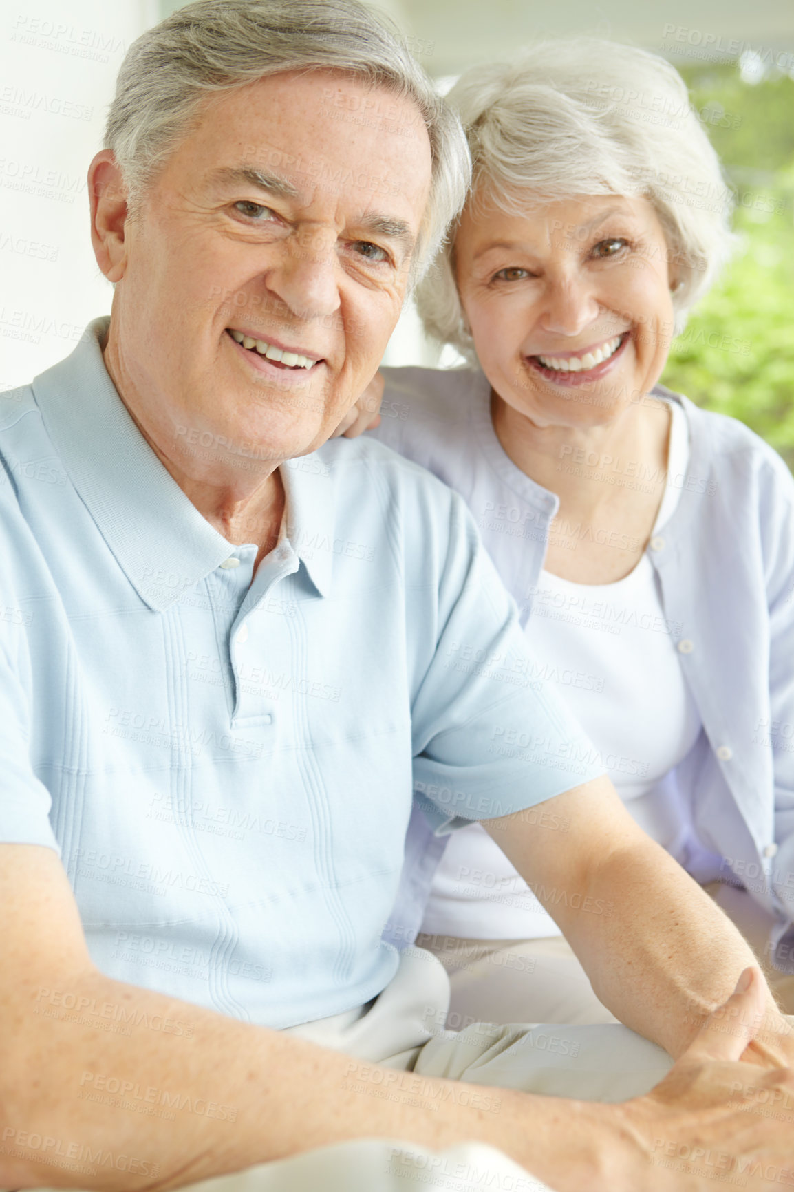 Buy stock photo Senior couple, home and portrait with smile in love for retirement, support and romantic connection. Elderly man, woman and relax with joy in house for marriage, peace and bonding on weekend together