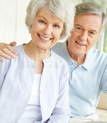 Buy stock photo Senior couple, house and portrait with hug in morning for retirement, support and romantic connection. Elderly man, woman and relax with smile at home for marriage, bonding or joy on weekend together